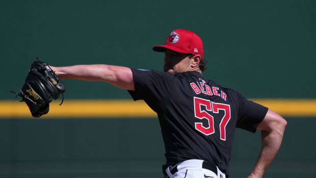 Mar 2, 2024; Goodyear, Arizona, USA; Cleveland Guardians starting pitcher Shane Bieber (57) pitches against the Kansas City Royals during the first inning at Goodyear Ballpark. Mandatory Credit: Joe Camporeale-USA TODAY Sports